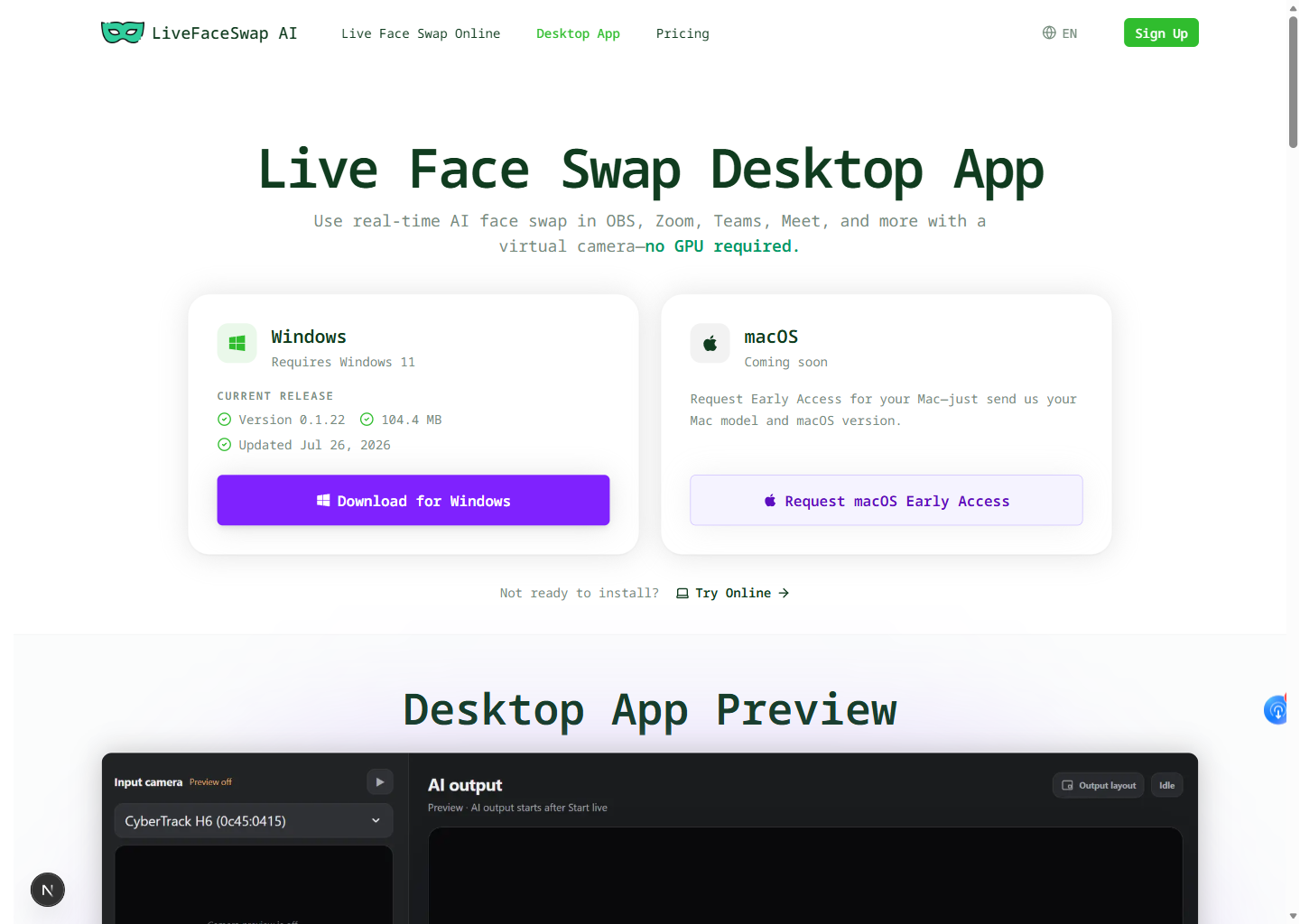 LiveFaceSwap Desktop Windows download page