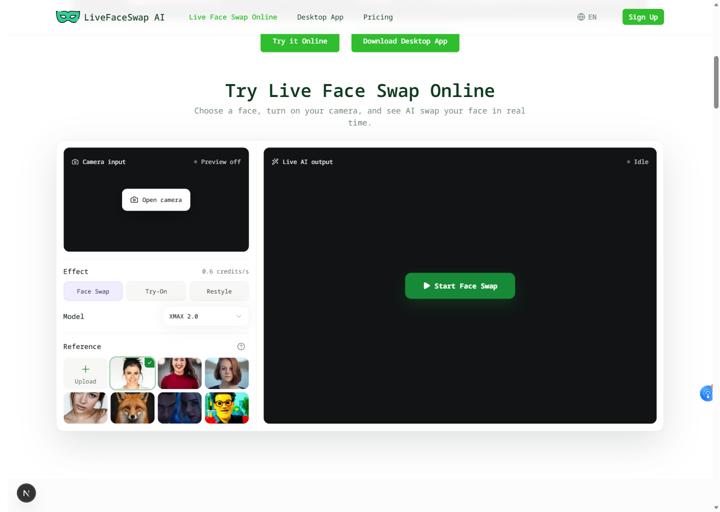 LiveFaceSwap AI browser preview workspace